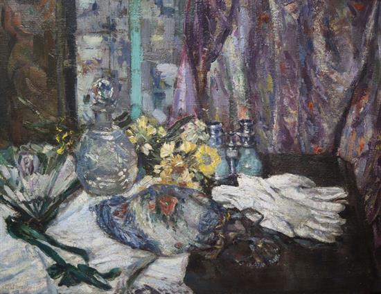 Mosbjerb, oil on canvas, Tabletop still life with opera glasses, gloves and fan, signed, 45 x 60cm